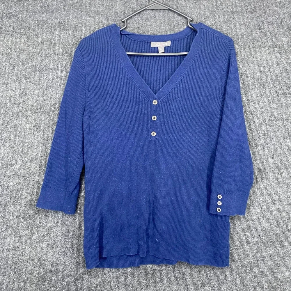 Roz & Ali Blue Ribbed Henley Sweater Top 3/4 Sleeve Plus Size 2X V-Neck Button